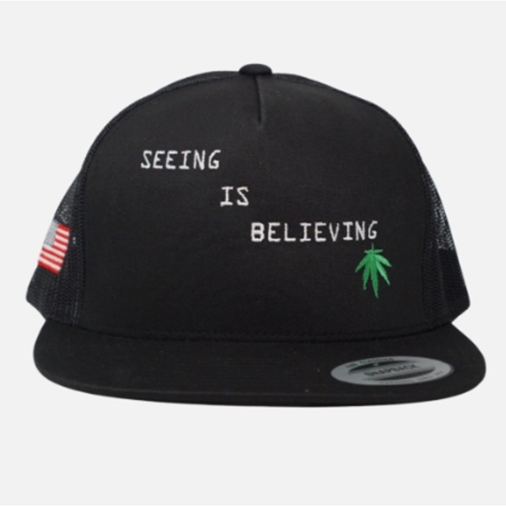 Yupoong Seeing Is Believing Black Trucker Hat Snapback American Flag Leaf Cap